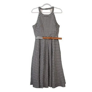 Eliza J Midi Swing Dress Size 10 Navy White Gingham Plaid Belted 100% Cotton